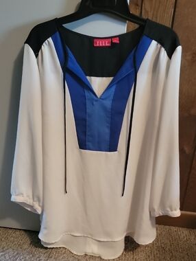 ELLE White Blouse with Blue V-Panel and Black Yoke